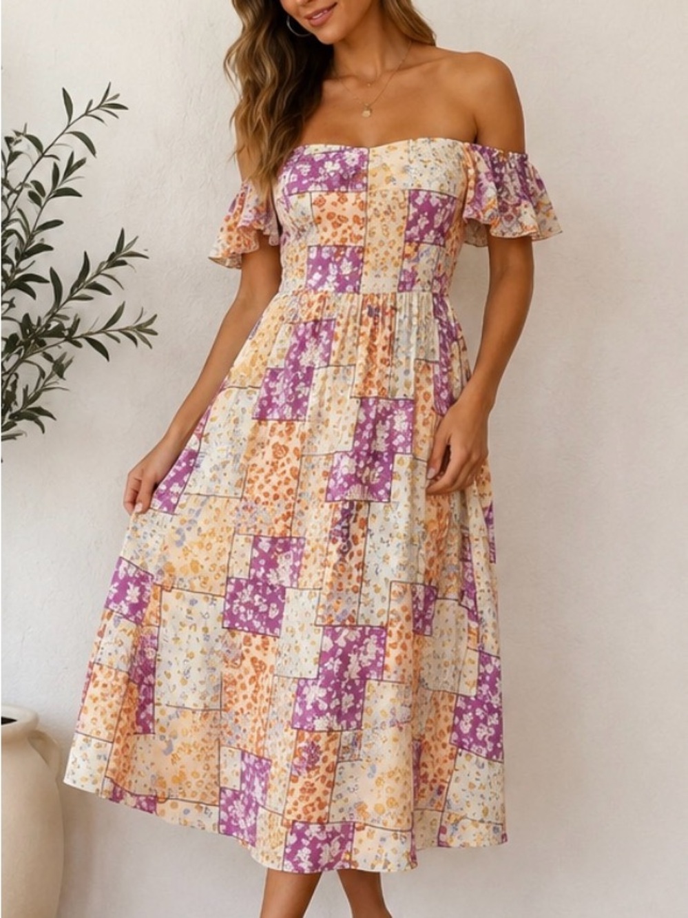 Live to Be Spoiled Patchwork Floral Off Shoulder Smocked Midi Dress Small Boho